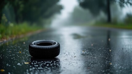 Lonely black tire on a rainy asphalt road with blurred background ideal for text overlay and automotive themes
