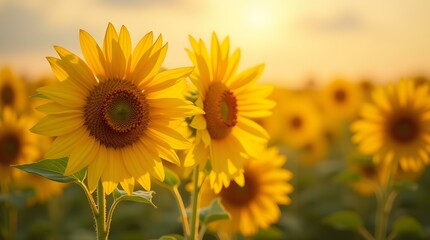 Obraz premium Sunset Sunflowers Field Golden Hour Photography