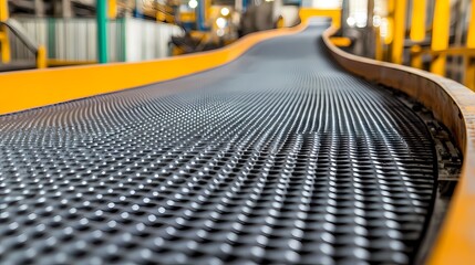 Fototapeta premium A close-up of a conveyor belt in a factory, showcasing its textured surface and industrial environment.