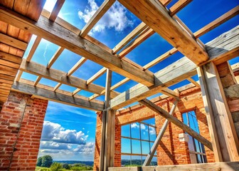 Obraz premium Double Exposure: Construction Site - Wooden Roof Frame & Aerated Concrete Walls