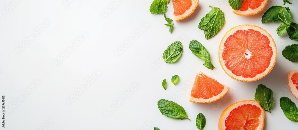 Poster refreshing summer beverage featuring pink grapefruit slices and fresh green mint leaves on a light b