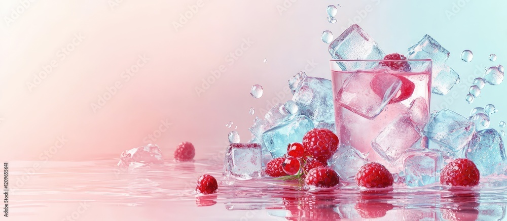 Poster summer refreshing beverage with ice and raspberries on calm gradient background featuring cool paste