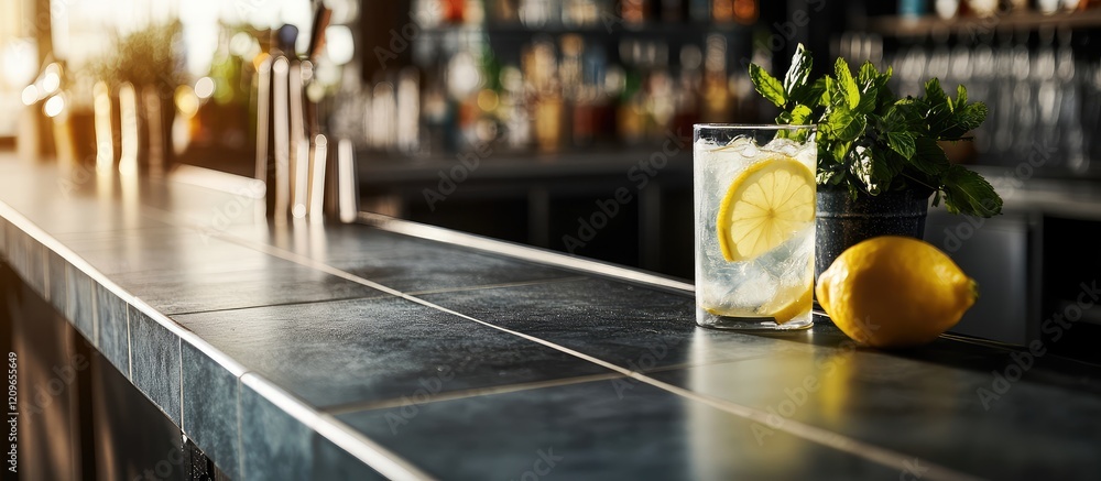 Poster refreshing lemonade with lemon slices and mint garnish on a dark tiled countertop in a modern bar wi