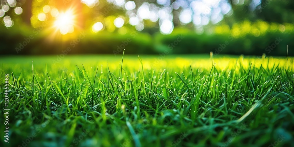 Poster vibrant green grass in the foreground highlighted by sunlight with a blurred background creating a s