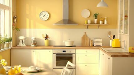 A minimalist buttercup cream kitchen with clean lines, natural wood furniture, and soft pastel accessories