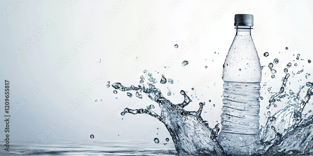 Poster water splashes from a transparent plastic bottle on a light gray background with water droplets crea