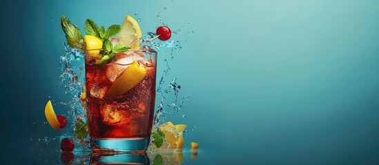 Colorful refreshing mocktail with cola lemon and mint splashing in a glass on a vibrant blue background perfect for warm days with space for text
