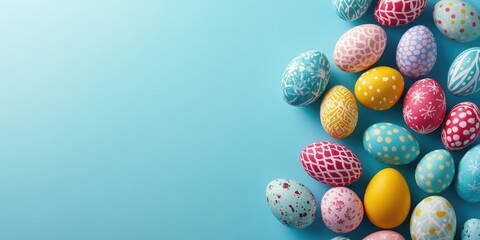 Vibrant pastel blue background filled with colorful Easter eggs featuring intricate patterns in pink, yellow, and turquoise arranged in a festive layout