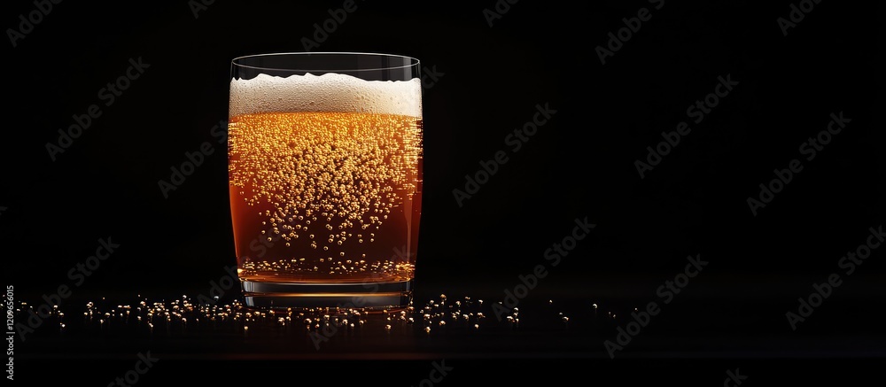 Poster refreshing amber light beer with rising bubbles in a chilled glass on a dark background with an empt