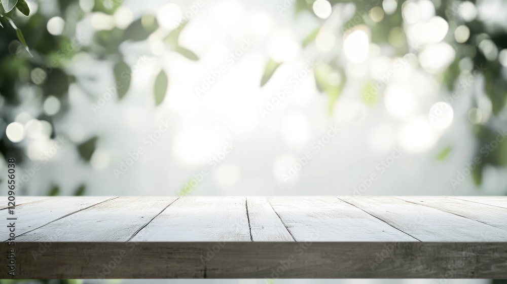 Poster wooden tabletop with blurred greenery background soft light for product display or nature themed des