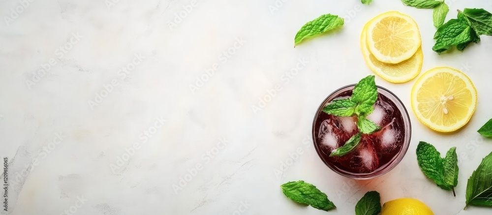 Poster refreshing mocktail with cola garnished with fresh mint and lemon slices on a light marble surface i