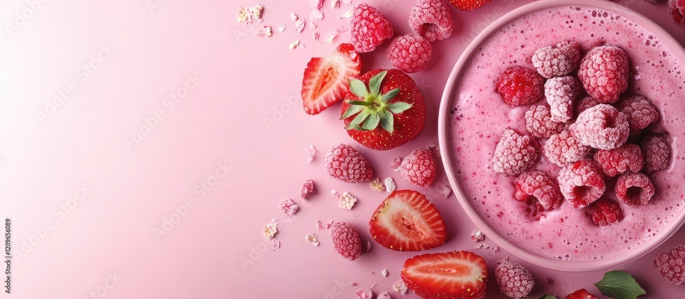 Poster pink berry smoothie featuring ripe raspberries and strawberries in a round bowl on a soft pink backg