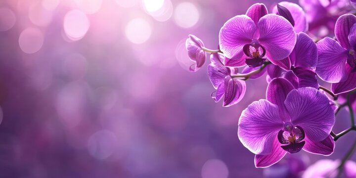 Vibrant purple orchid blossoms on the left side of a soft bokeh purple background with ample space on the right for text insertion