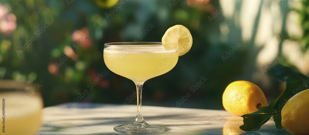 Poster refreshing yellow lemonade cocktail garnished with fresh lemon slice in vibrant green garden setting