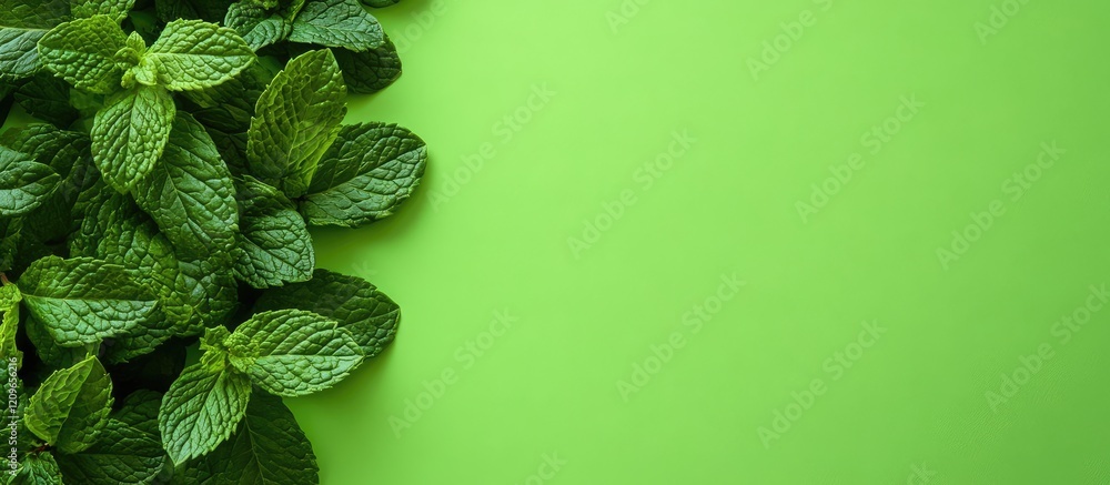 Poster refreshing mint leaves displayed on a lush green background with abundant space for text or branding