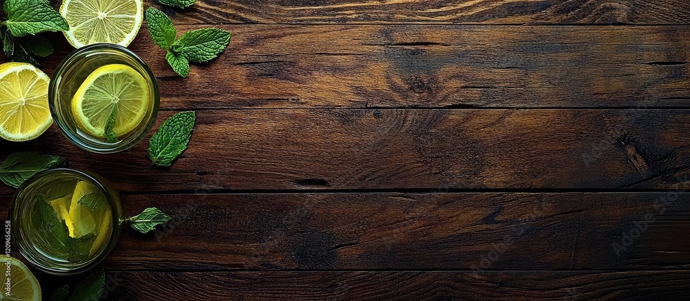 Poster refreshing mint lemonade with vibrant green limes on rustic wooden table with ample empty space for 