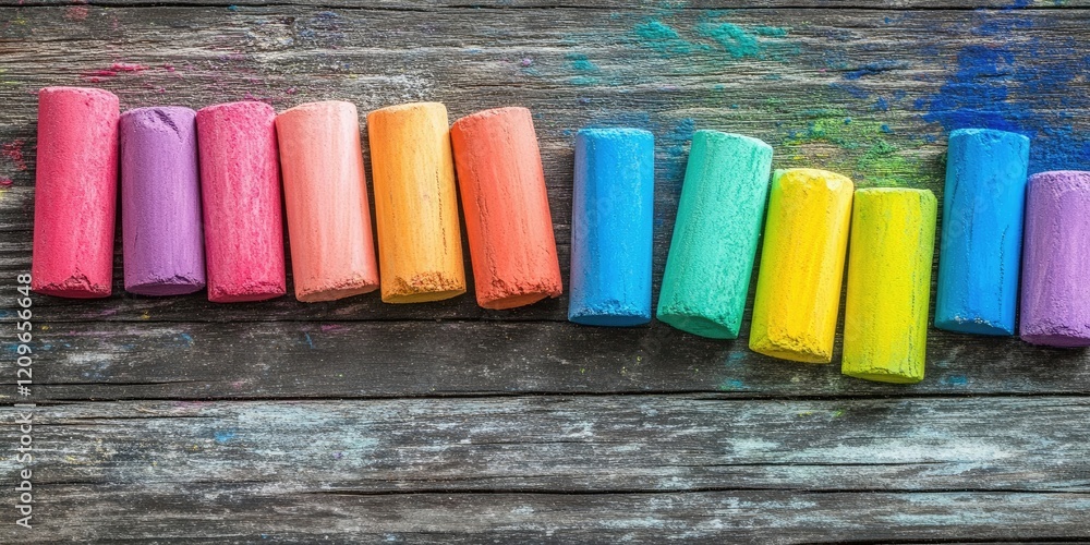 Poster vibrantly colored chalk pieces in a rainbow arrangement on a rustic wooden background with splashes 