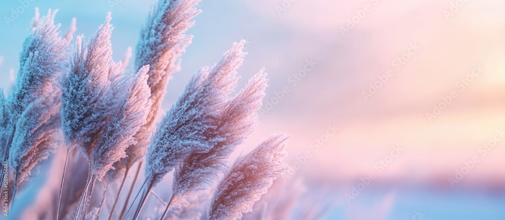 Poster winter serenity with frosted grass in soft pastel colors and blank space for text in a tranquil snow