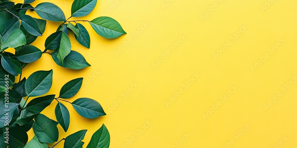 Poster fresh green leaves on the left side of a bright yellow background creating a vibrant summer backdrop
