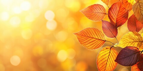 Closeup of vibrant orange and yellow autumn leaves on the right, with a soft blurred golden bokeh background creating a warm fall atmosphere.