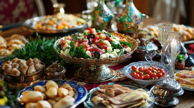 Traditional Russian feast with vibrant dishes served elegantly on a lavish table adorned with ornate decorations and rich colors. - Powered by Adobe