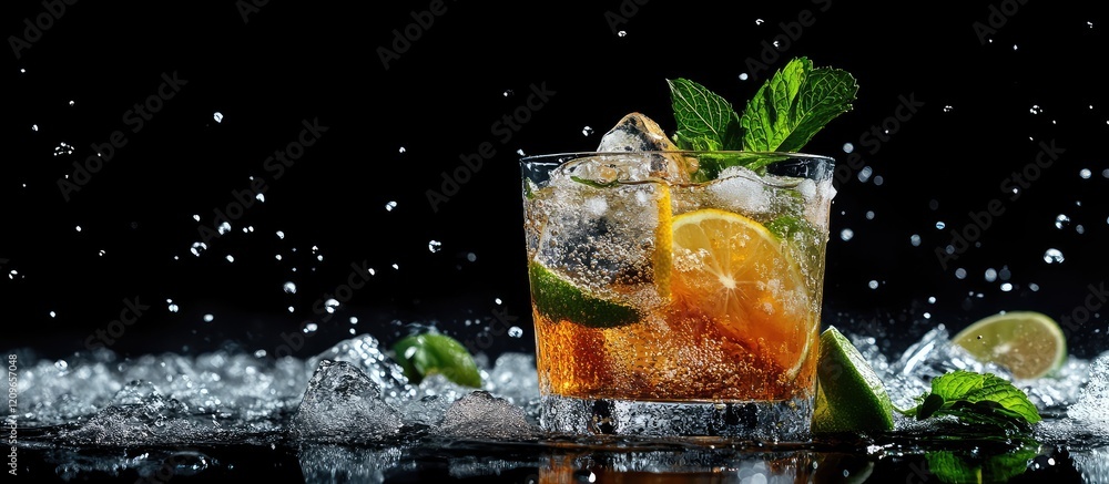 Poster refreshing cocktail on ice garnished with lime wedges and mint leaves against a black background wit