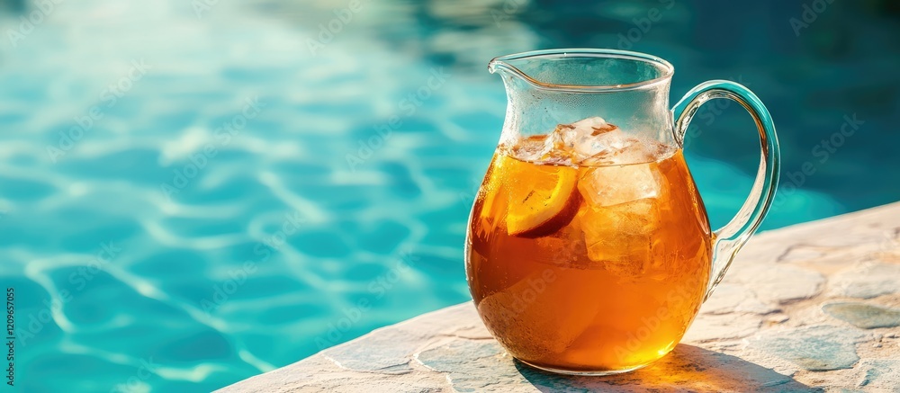 Poster refreshing iced tea pitcher with ice cubes on stone edge by clear blue pool water with space for tex