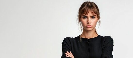 Confident businesswoman in black attire standing with arms crossed, gazing intently at camera against minimalist white background, space for text.