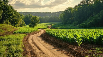 Rural dirt road winding through lush tobacco fields in vibrant green valley landscape under a dramatic cloudy sky