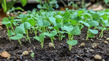 Vibrant green seedlings flourishing in dark nutrient rich eco friendly soil surrounded by lush greenery in a garden setting.