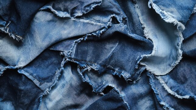 Close-up of various pieces of textured selvage denim, emphasizing deep blue shades and frayed edges, suitable for care and washing guidance.