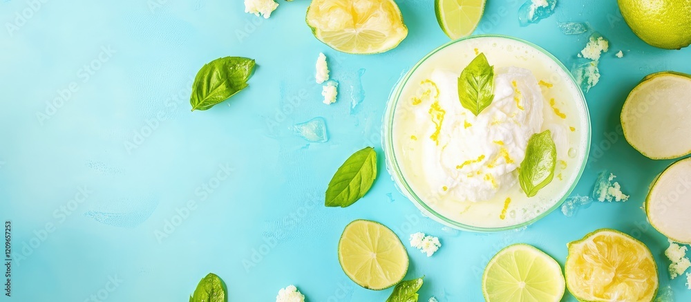 Poster refreshing citrus summer float with lemon and lime slices on light blue background surrounded by fre