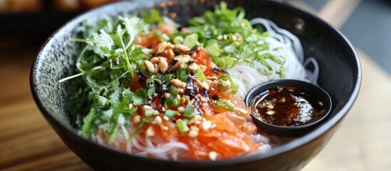 Refreshing bowl of delicate somen noodles topped with fresh herbs and served with a savory dipping sauce perfect for summer meals