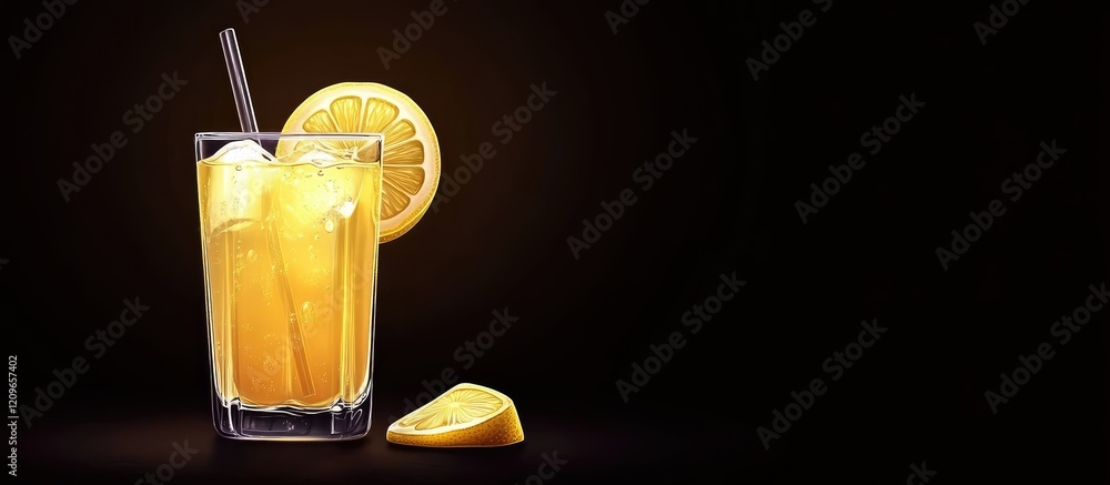 Poster refreshing cold lemonade in crystal clear glass with ice cubes and lemon slice on black background w