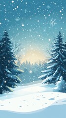Fototapeta premium Snow Covered Winter Forest Scene With Falling Snow