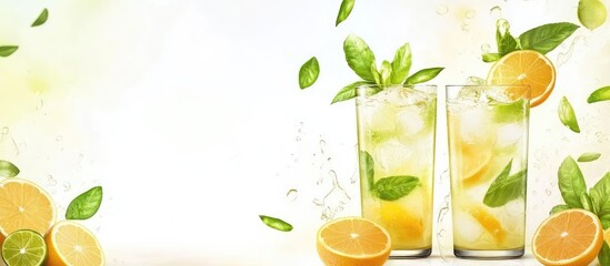 Refreshing Citrus Beverage in Glasses with Mint Leaves and Sliced Oranges on Bright Yellow Background for Text Overlay