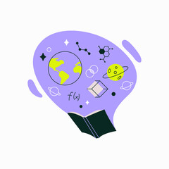 Open Book With Scientific And Mathematical Symbols In Flat Vector Illustration Symbolizing Knowledge, Science, And Innovation, Isolated On White Background