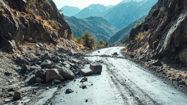High mountain road with rocky terrain and landslide debris illustrating dangers of rockfall in a scenic wilderness environment