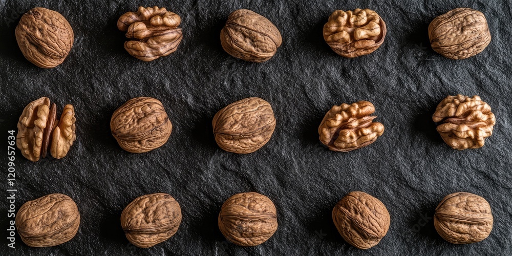Aufkleber walnuts neatly arranged in a grid pattern on a textured black slate backdrop showcasing earthy brown