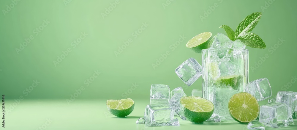 Poster refreshing beverage with ice and lime on soft green background with fresh mint leaves and text space