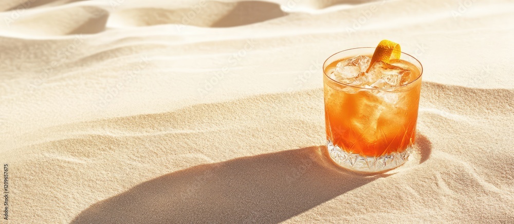 Poster refreshing orange cocktail in a glass on golden sandy beach with soft shadows and empty space for te