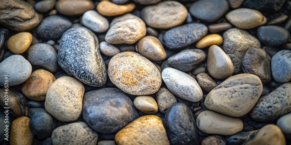 Poster grayscale and earthy-toned stones densely packed together with varying textures and sizes creating a