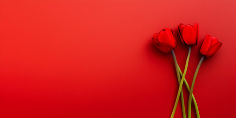 Obraz premium Red tulips resting on matching background, forming minimalist design with generous white space for romantic messaging and Valentine themed graphic needs