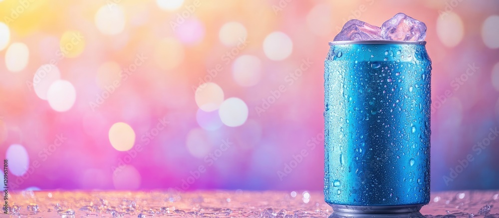 Poster refreshing blue beverage can with ice cubes on vibrant colorful bokeh background in soft focus creat