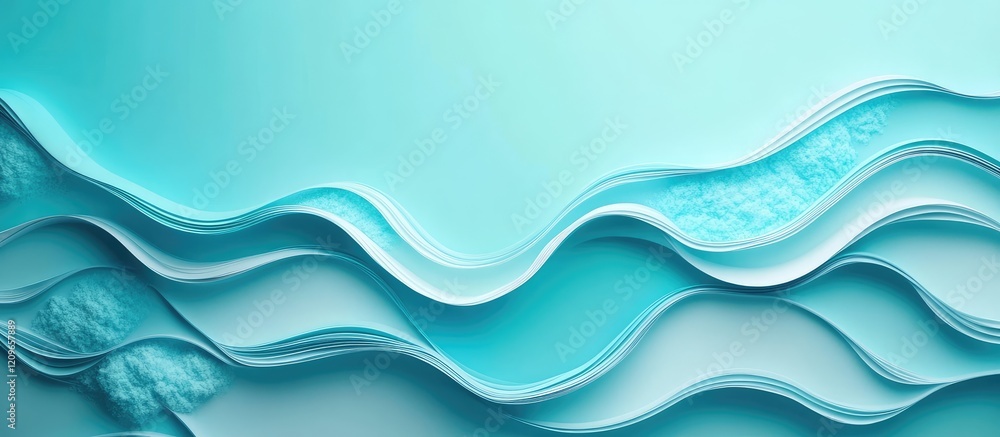 Poster soothing aqua waves with layered texture and space for text on soft blue background