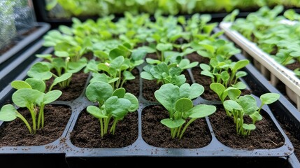 Vibrant green seedlings emerging from rich dark soil in organized planting trays on a bright sunny day in a greenhouse setting