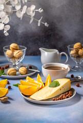 Delicious breakfast with coffee, cheese, orange slices, nuts and cookies