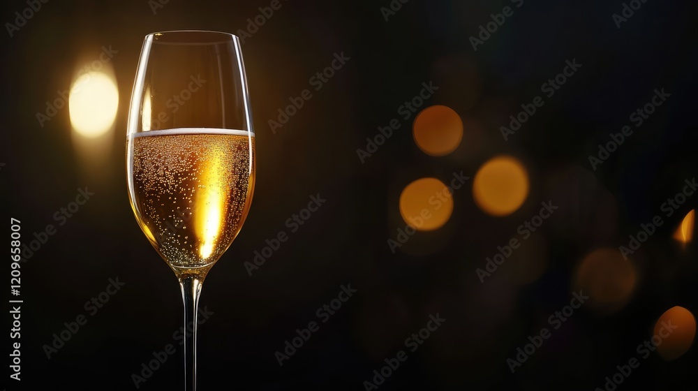 Poster elegant sparkling wine glass filled with golden bubbly in a dimly lit setting with warm bokeh lights
