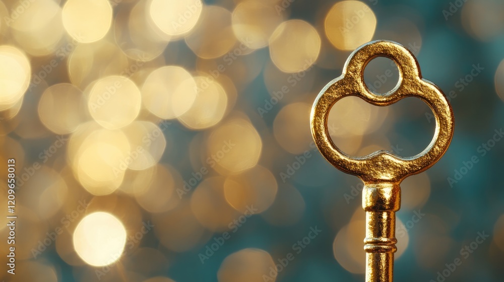 Poster golden vintage key with intricate design on a softly blurred bokeh background creating a dreamy and 