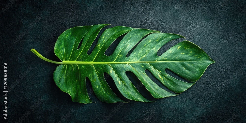 Poster vivid green tropical monstera leaf positioned center on dark textured background with ample empty sp